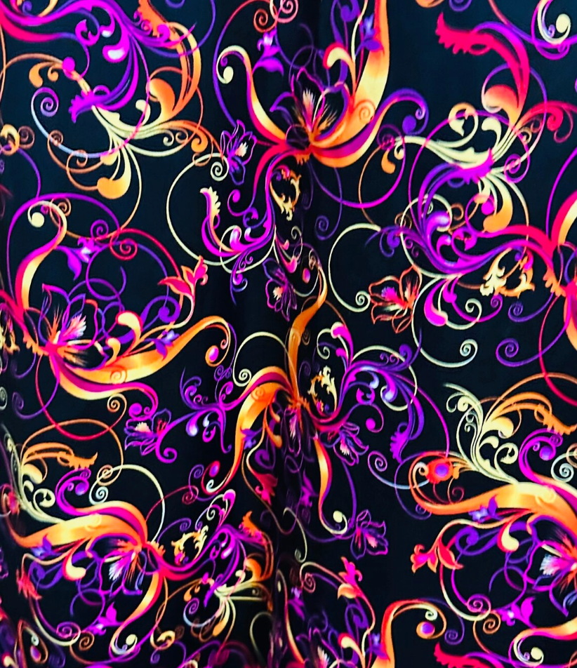 New abstract swirl design black multicolor best quality of nylon spandex with foil 4-way stretch 58/60” Sold bu the YD. Ships worldwide