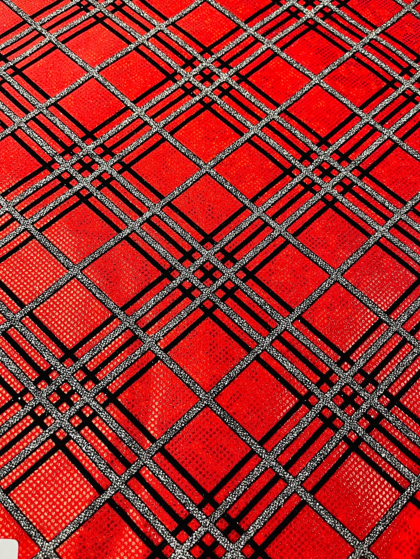 Plaid design on hologram shattered glass metallic nylon spandex with flocking 4-way stretch 58/60”