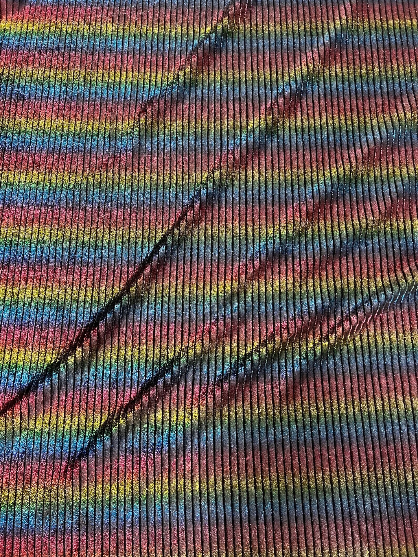 Luxury Pleated stretch velvet with foil Black/Rainbow 2-way stretch 58/60”