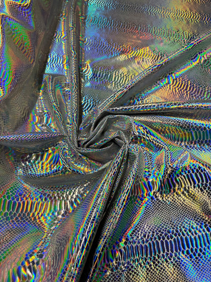 Cobra snake design white/iridescent silver hologram metallic nylon spandex 4-way stretch 58/60” Sold by the YD.