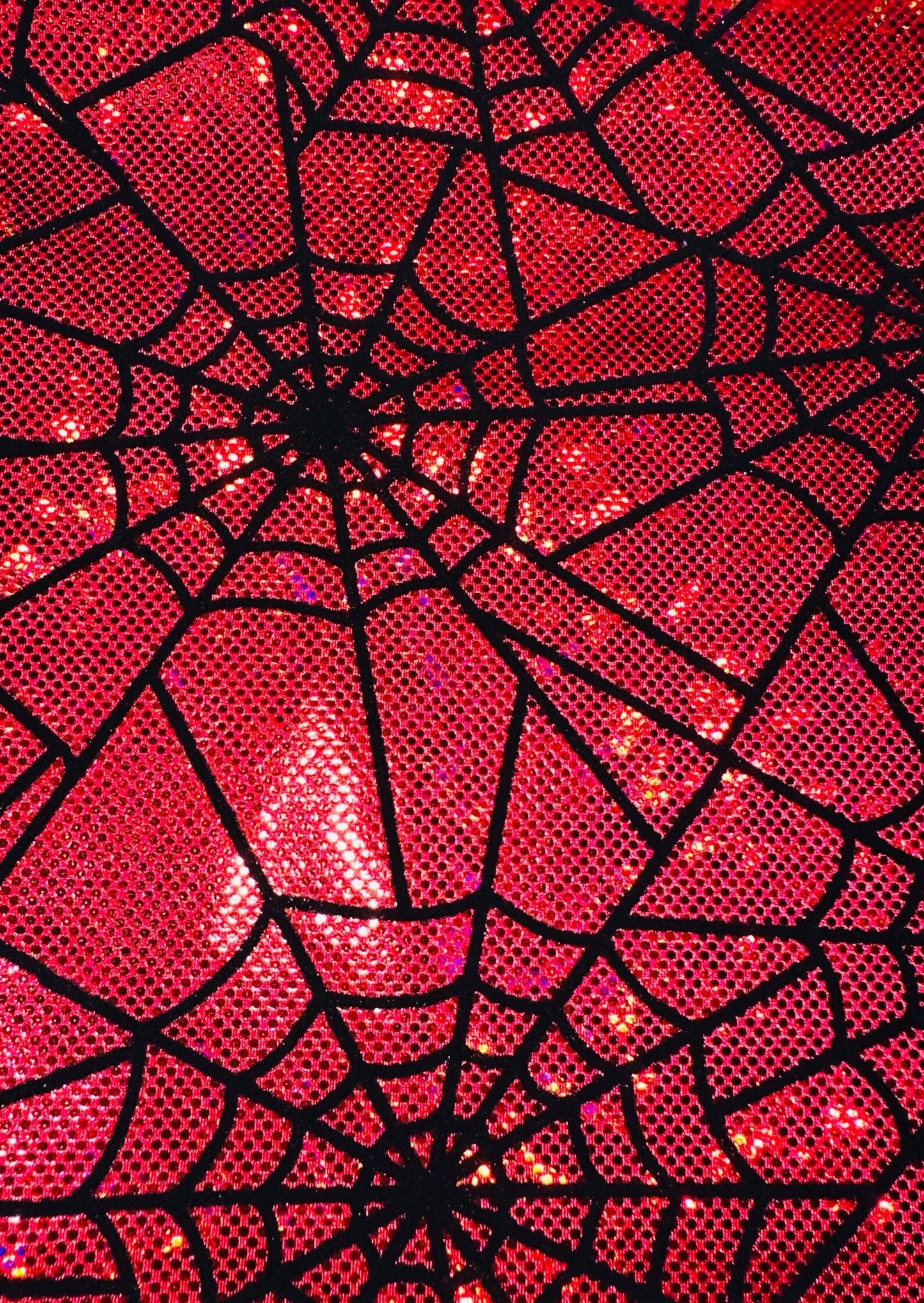 Amazing Spiderweb design on metallic hologram shattered glass nylon spandex with flocking 4-way stretch 58/60”