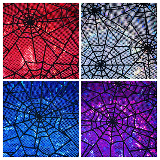 Amazing Spiderweb design on metallic hologram shattered glass nylon spandex with flocking 4-way stretch 58/60”