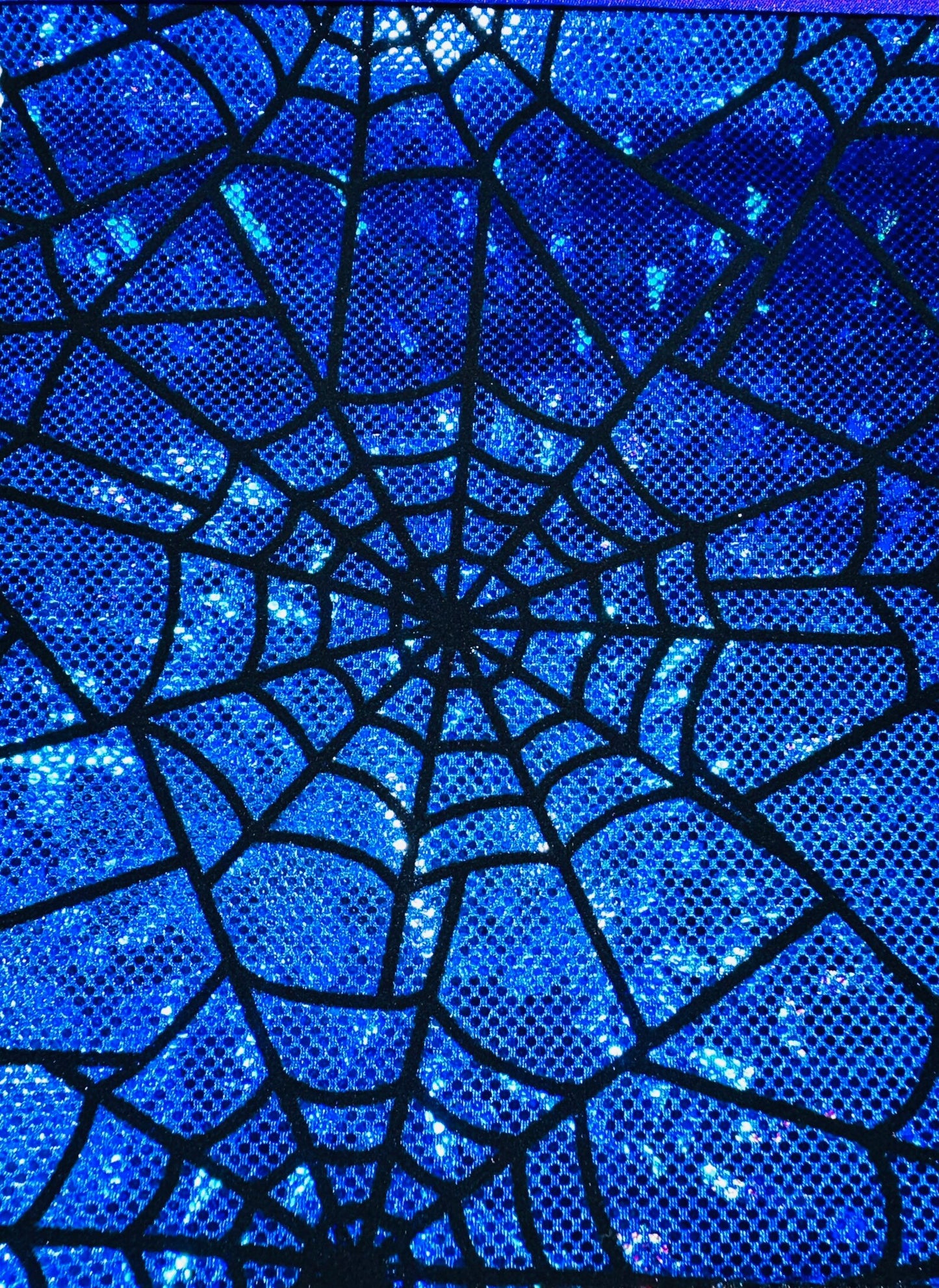 Amazing Spiderweb design on metallic hologram shattered glass nylon spandex with flocking 4-way stretch 58/60”