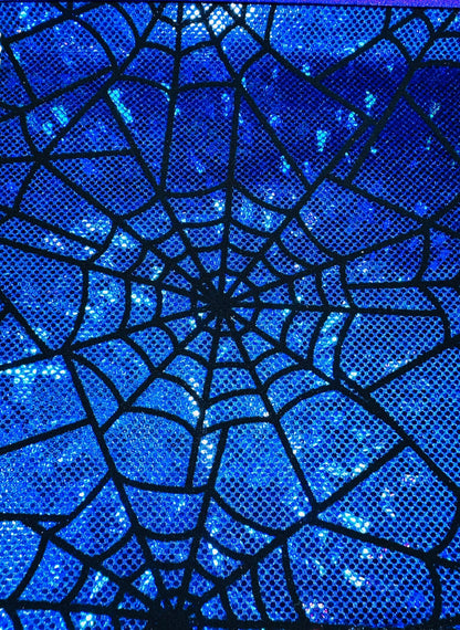 Amazing Spiderweb design on metallic hologram shattered glass nylon spandex with flocking 4-way stretch 58/60”