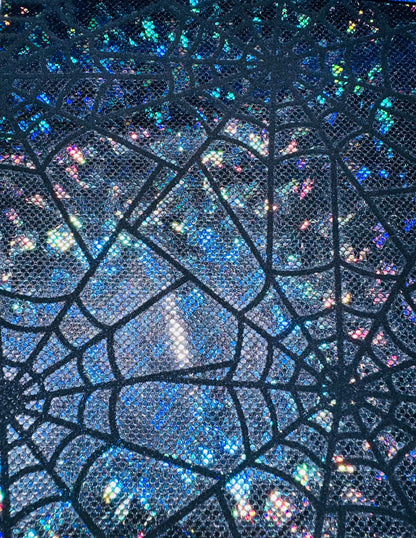 Amazing Spiderweb design on metallic hologram shattered glass nylon spandex with flocking 4-way stretch 58/60”