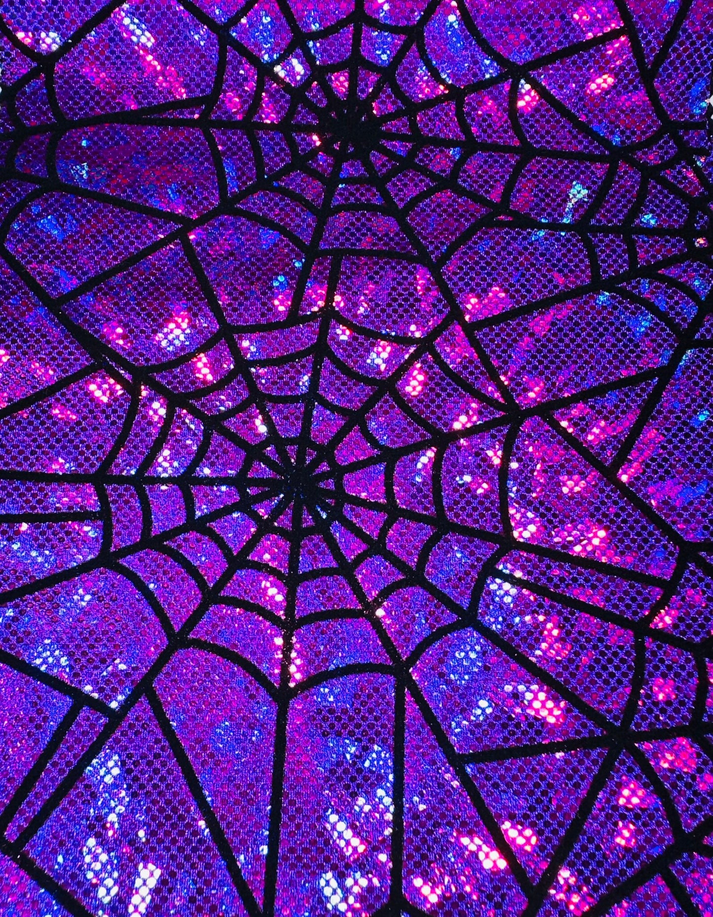 Amazing Spiderweb design on metallic hologram shattered glass nylon spandex with flocking 4-way stretch 58/60”