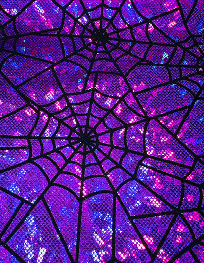 Amazing Spiderweb design on metallic hologram shattered glass nylon spandex with flocking 4-way stretch 58/60”