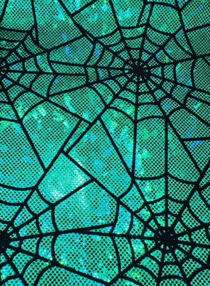 Amazing Spiderweb design on metallic hologram shattered glass nylon spandex with flocking 4-way stretch 58/60”