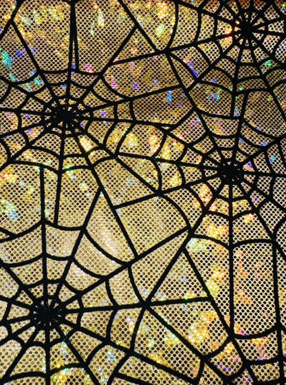 Amazing Spiderweb design on metallic hologram shattered glass nylon spandex with flocking 4-way stretch 58/60”