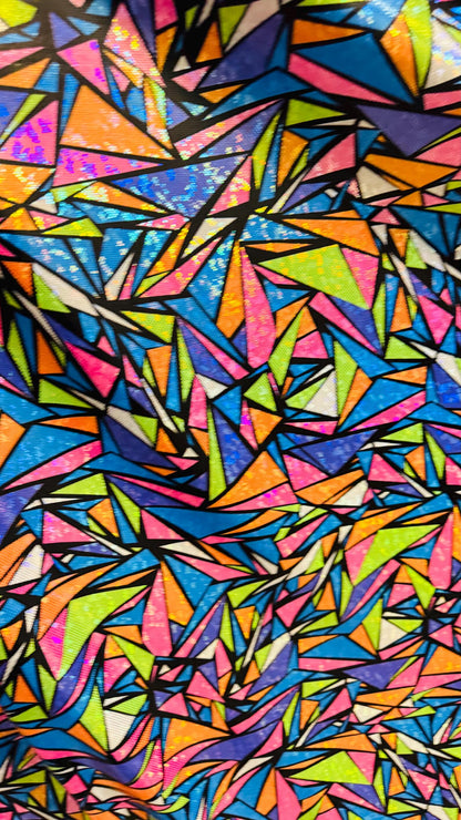 NEW Modern Geometric design Multicolor on hologram Shattered Glass nylon spandex 4way stretch 58/60" Sold by the YD. Ships worldwide