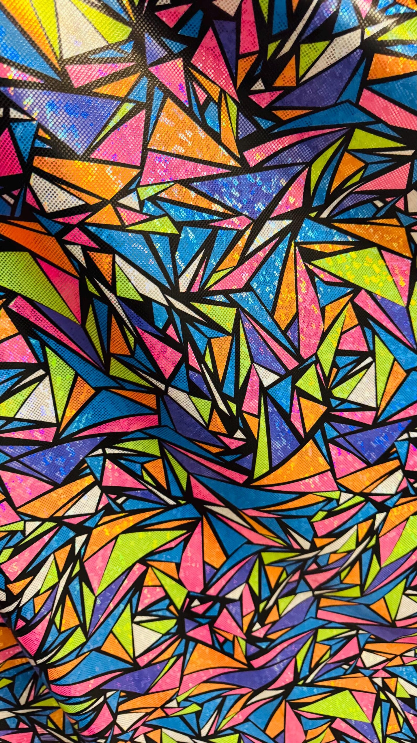 NEW Modern Geometric design Multicolor on hologram Shattered Glass nylon spandex 4way stretch 58/60" Sold by the YD. Ships worldwide