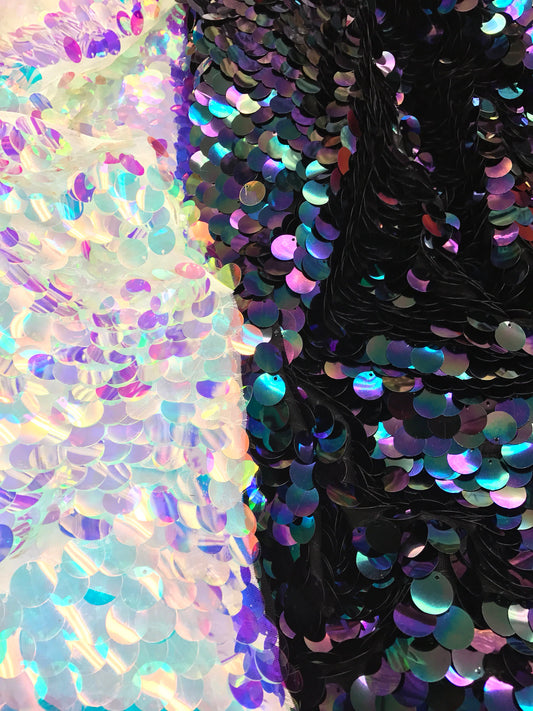 NEW iridescent white & iridescent black paillette Sequins on stretch mesh 2way 57/58"