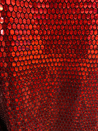 New metallic Geometric Flat Mirror honeycomb Iridescent red Sequins Stone on Black Base 2way stretch Nylon Spandex Fabric.