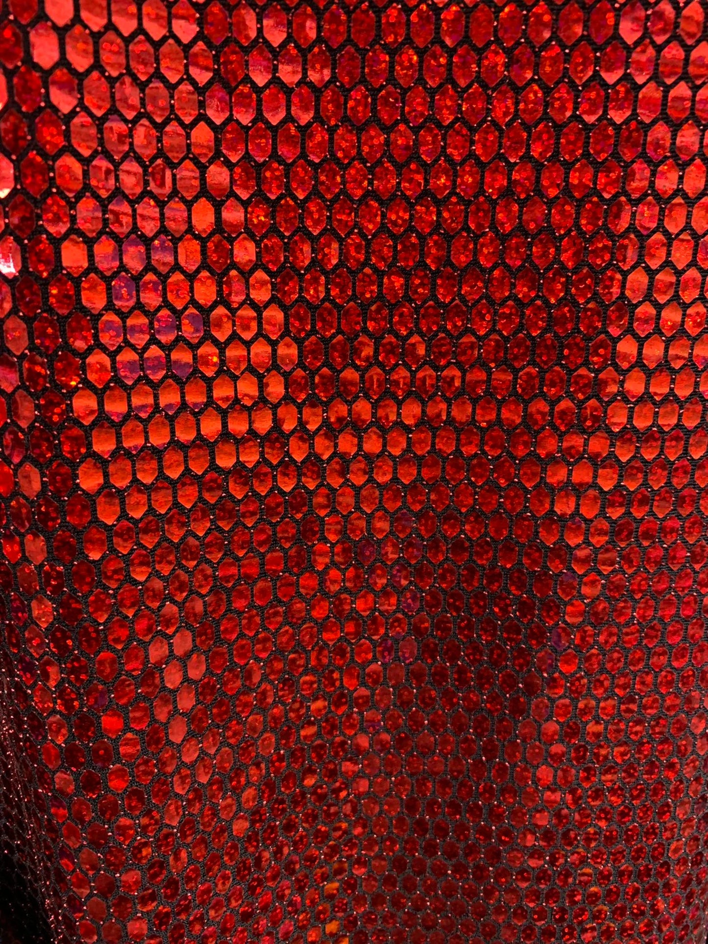 New metallic Geometric Flat Mirror honeycomb Iridescent red Sequins Stone on Black Base 2way stretch Nylon Spandex Fabric.