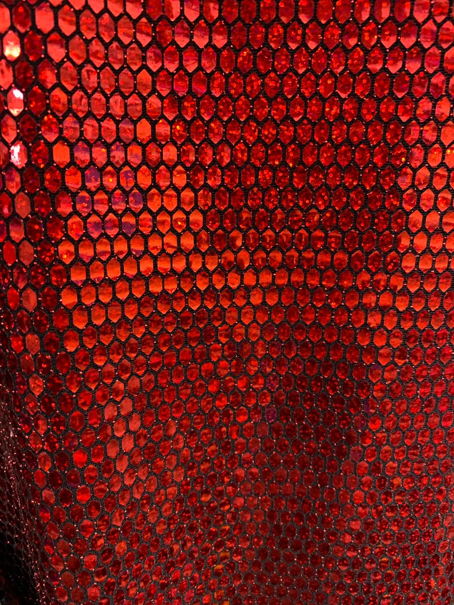 New metallic Geometric Flat Mirror honeycomb Iridescent red Sequins Stone on Black Base 2way stretch Nylon Spandex Fabric.