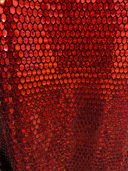 New metallic Geometric Flat Mirror honeycomb Iridescent red Sequins Stone on Black Base 2way stretch Nylon Spandex Fabric.