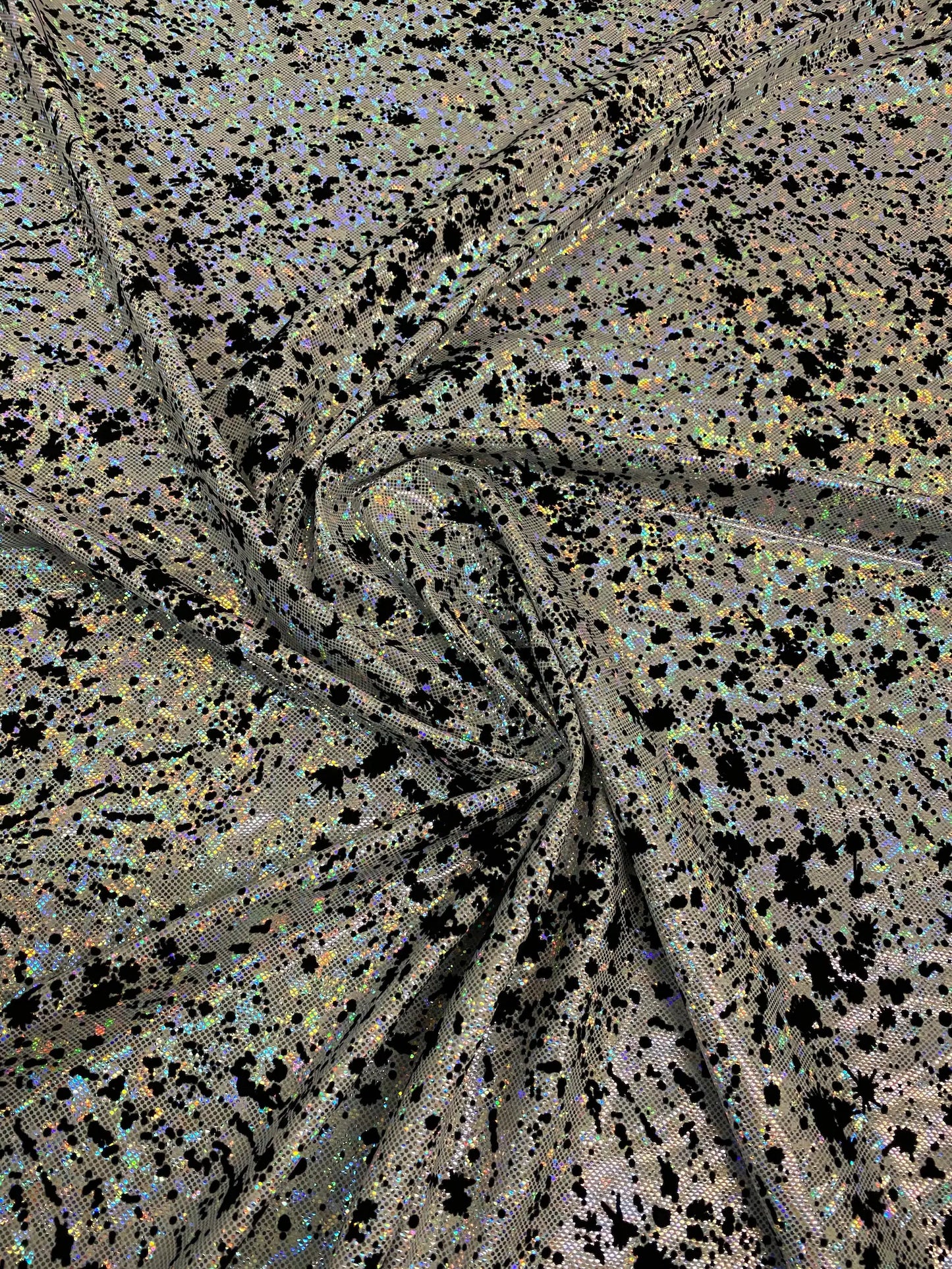 New splatter paint design print with flocking in hologram shattered glass metallic nylon spandex 4-way stretch 58/60”