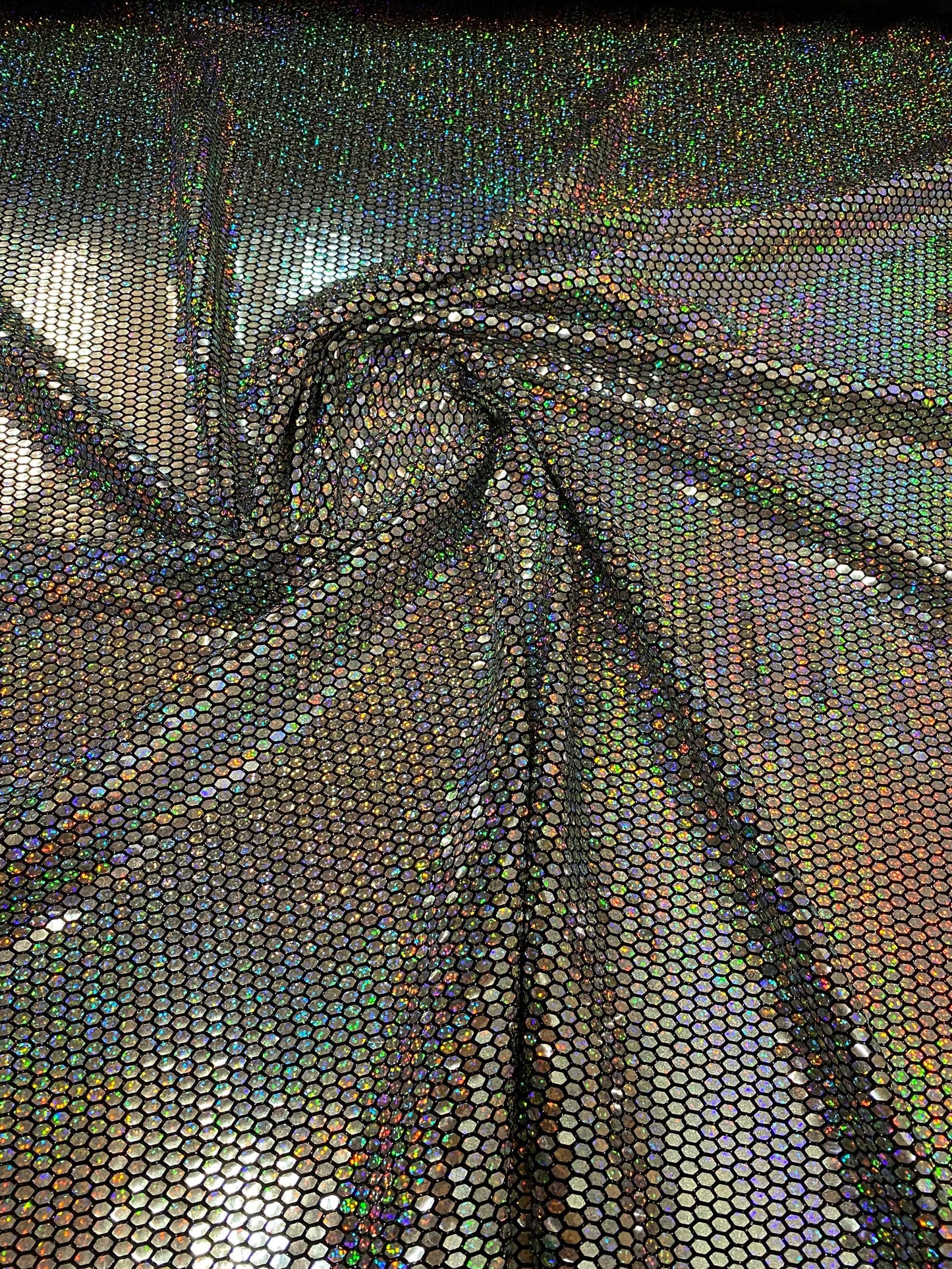 Honeycomb metallic hologram sequins black/silver holo nylon spandex 4way stretch 58/60”