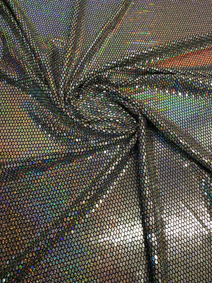 Honeycomb metallic hologram sequins black/silver holo nylon spandex 4way stretch 58/60”