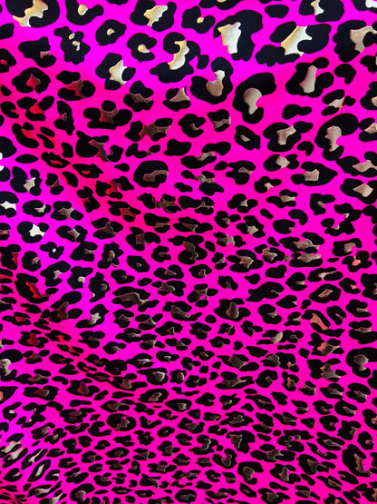 Metallic Exotic leopard design Pink/Gold it glows in the dark with black light best quality of nylon spandex 4-way stretch 58/60”