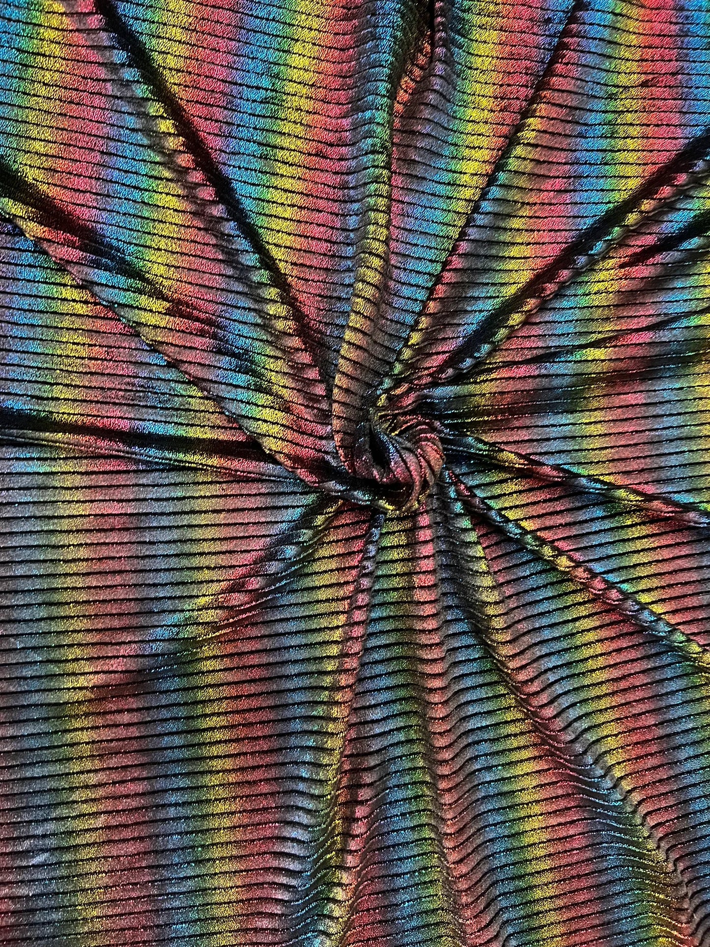 Luxury Pleated stretch velvet with foil Black/Rainbow 2-way stretch 58/60”