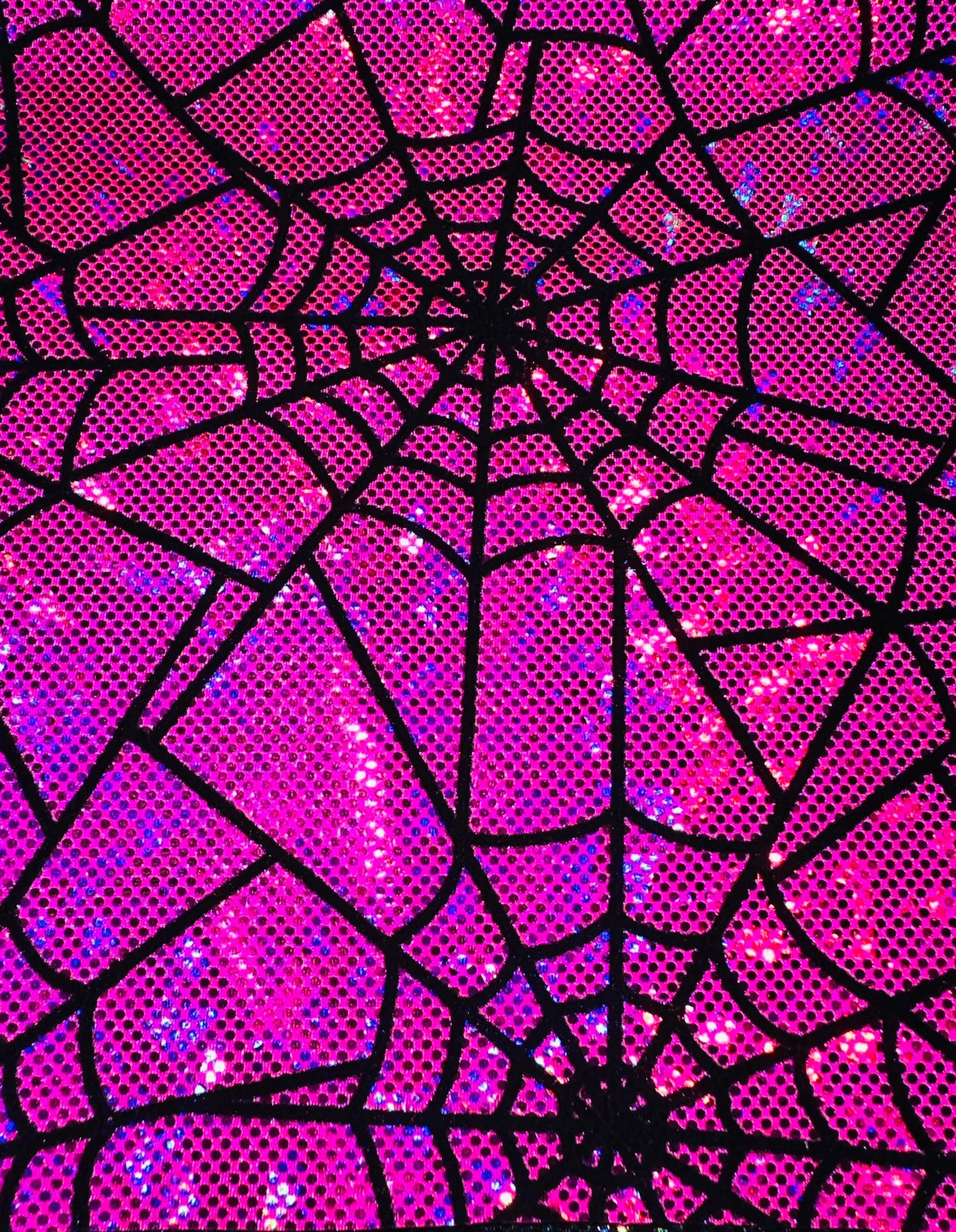 Amazing Spiderweb design on metallic hologram shattered glass nylon spandex with flocking 4-way stretch 58/60”