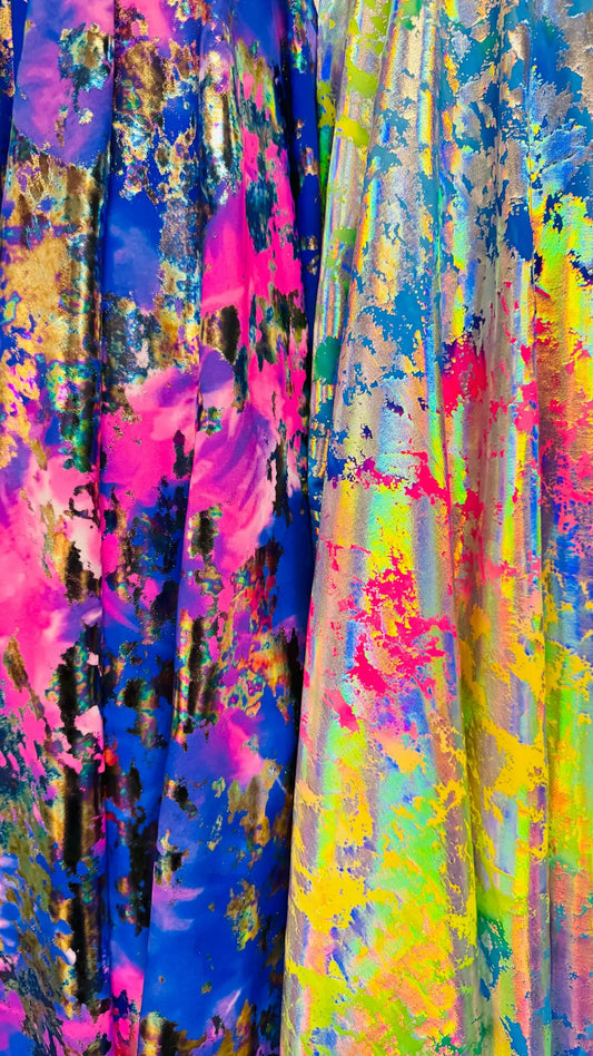 New splattered lava design metallic nylon spandex 4way stretch 58/60" Sold by the YD. Ships worldwide from Los Angeles California USA.