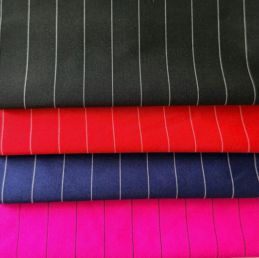 Pin stripes on nylon spandex 4-way stretch 58/60” Sold by the YD. Ships worldwide from Los Angeles California USA. High quality fabrics