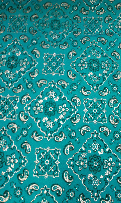 New metallic Bandana paisley design 4 Way Stretch 58/60” Sold by the YD. Ships worldwide from Los Angeles California USA.