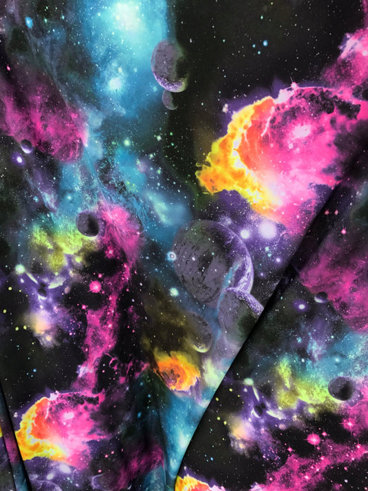 Galaxy design multicolor print on great nylon spandex 4way stretch 58/60" Sold by the yd. Ships worldwide from Los Angeles California USA.