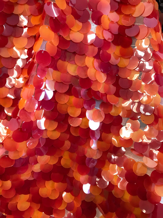 Two tone paillette red/orange sequins on stretch mesh 2way 58/60" sold by the yd. ships worldwide from Los Angeles California USA.