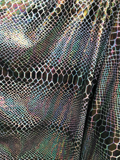 New nylon spandex COBRA design with iridescent hologram foil 4 Way Stretch 58/60" Sold by the yd. Ships worldwide from Los Angeles CA USA