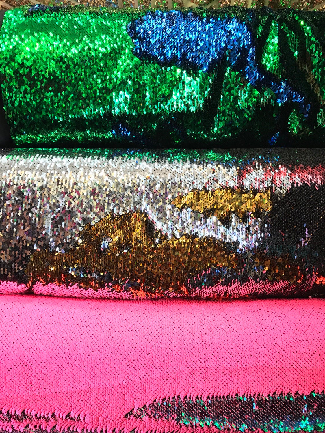 Flip up sequins 5mm mermaid sequins on spandex base 2way stretch 58/60" Sold by the YD. Ships worldwide from Los Angeles California USA