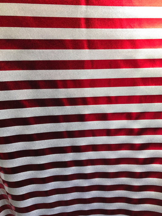 Stripe design nylon spandex 4way metallic foil silver/red 58/60" sold by the Yd. Ships worldwide from Los Angeles California USA.