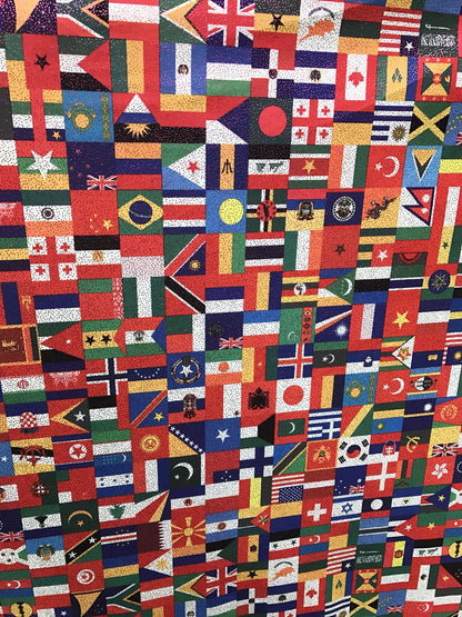 Multi flag design on nylon spandex 4way stretch with foggy foil all over 58/60" Sold by the Yd. Ships worldwide from Los Angeles California.