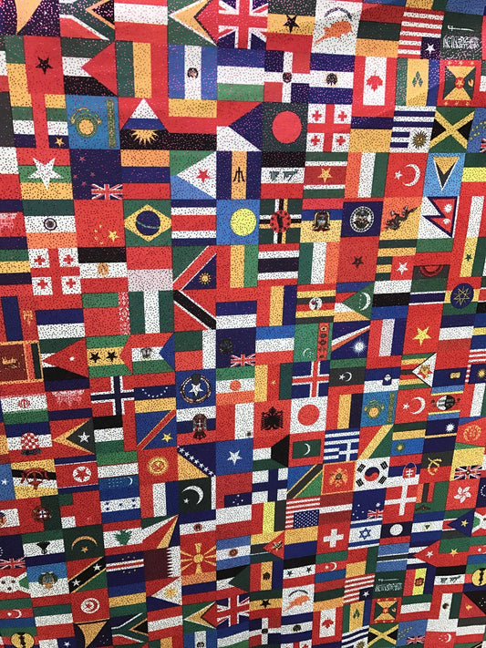Multi flag design on nylon spandex 4way stretch with foggy foil all over 58/60" Sold by the Yd. Ships worldwide from Los Angeles California.