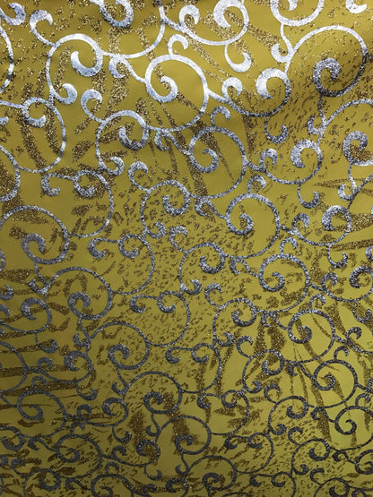Swirl metallic design poly spandex 4way stretch  58/60" sold by the yd. Ships worldwide from Los Angeles California USA.