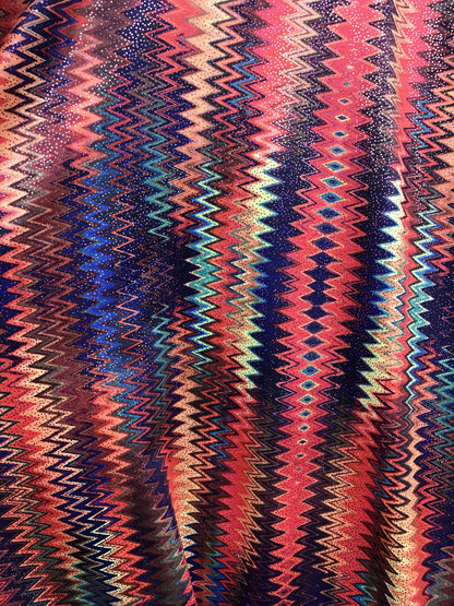 Zigzag tie dye print design on nylon spandex 4way stretch 58/60" sold by the yd. Ships worldwide from Los Angeles California USA