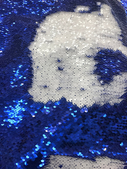 NEW flip up sequins royal/white on spandex base 2way stretch 58/60" Sold by the YD. Ships worldwide from Los Angeles California USA