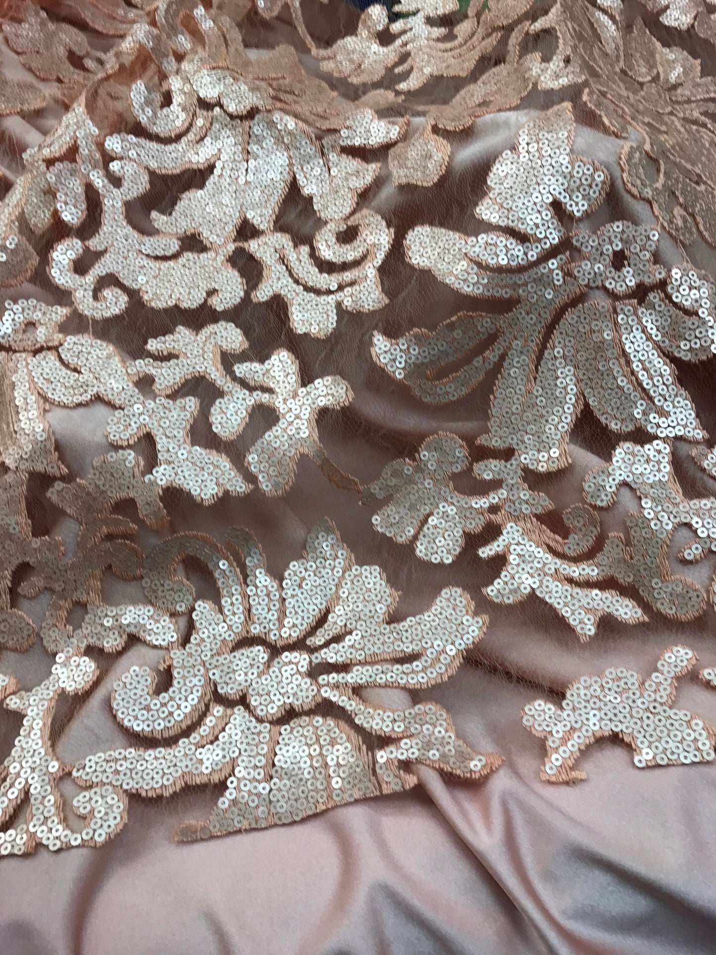 Lace Beyonce design 2way Stretch blush peach color 55/57" Sold by the YD. Ships worldwide from Los Angeles California USA