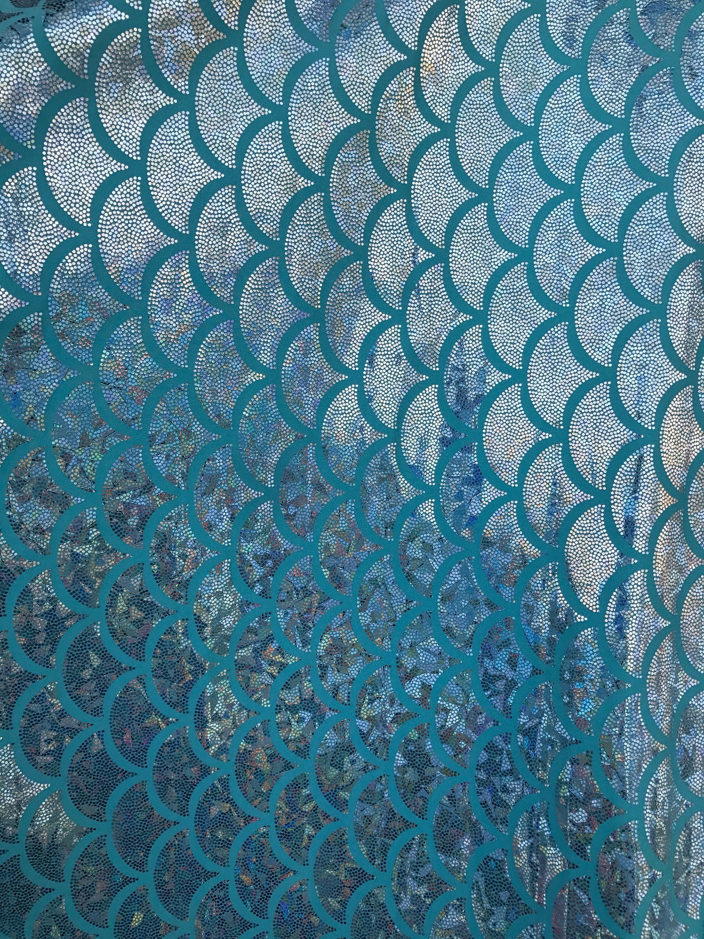 NEW Hologram aqua silver jumbo size mermaid design on nylon spandex 4way Stretch 58/60" Sold by the YD. Ships worldwide from Los Angeles CA