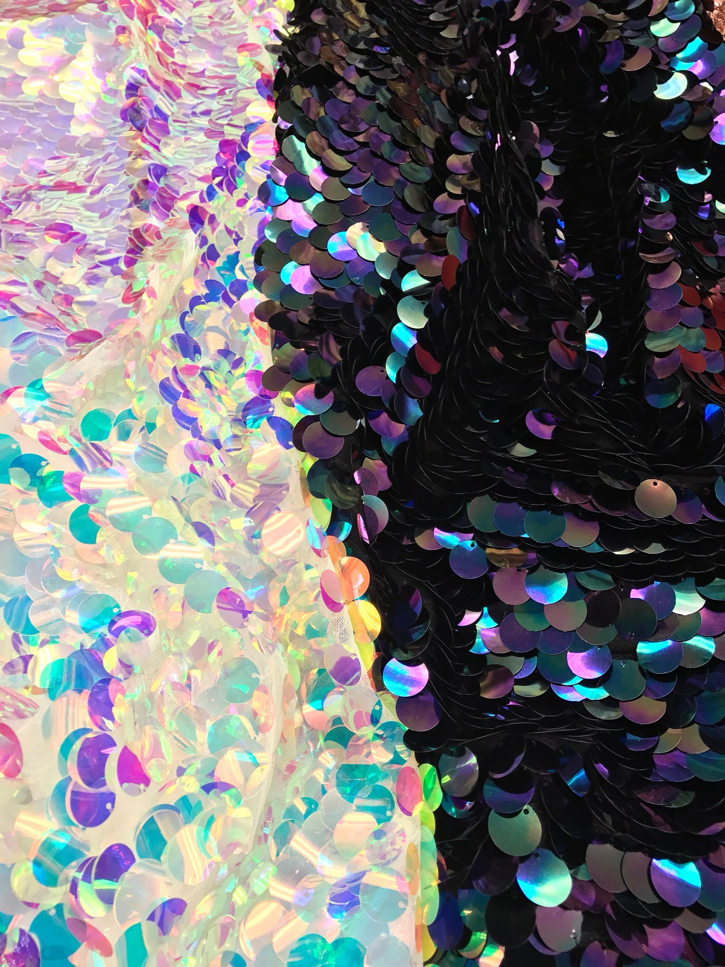 NEW iridescent white & iridescent black paillette Sequins on stretch mesh 2way 57/58" Sold by the YD. Ships worldwide from Los Angeles CA