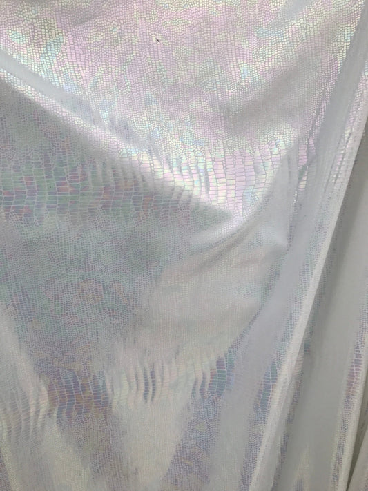Iridescent snake design Hologram metallic foil on nylon spandex 4way Stretch 58/60" Sold by the YD. Ships worldwide from Los Angeles CA USA