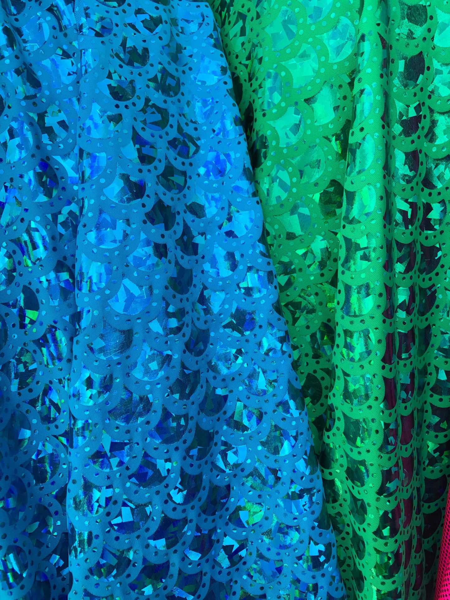 NEW mermaid design Hologram foil fish scales design on nylon spandex 4way stretch 58/60" Sold by the YD. Ships worldwide from Los Angeles CA