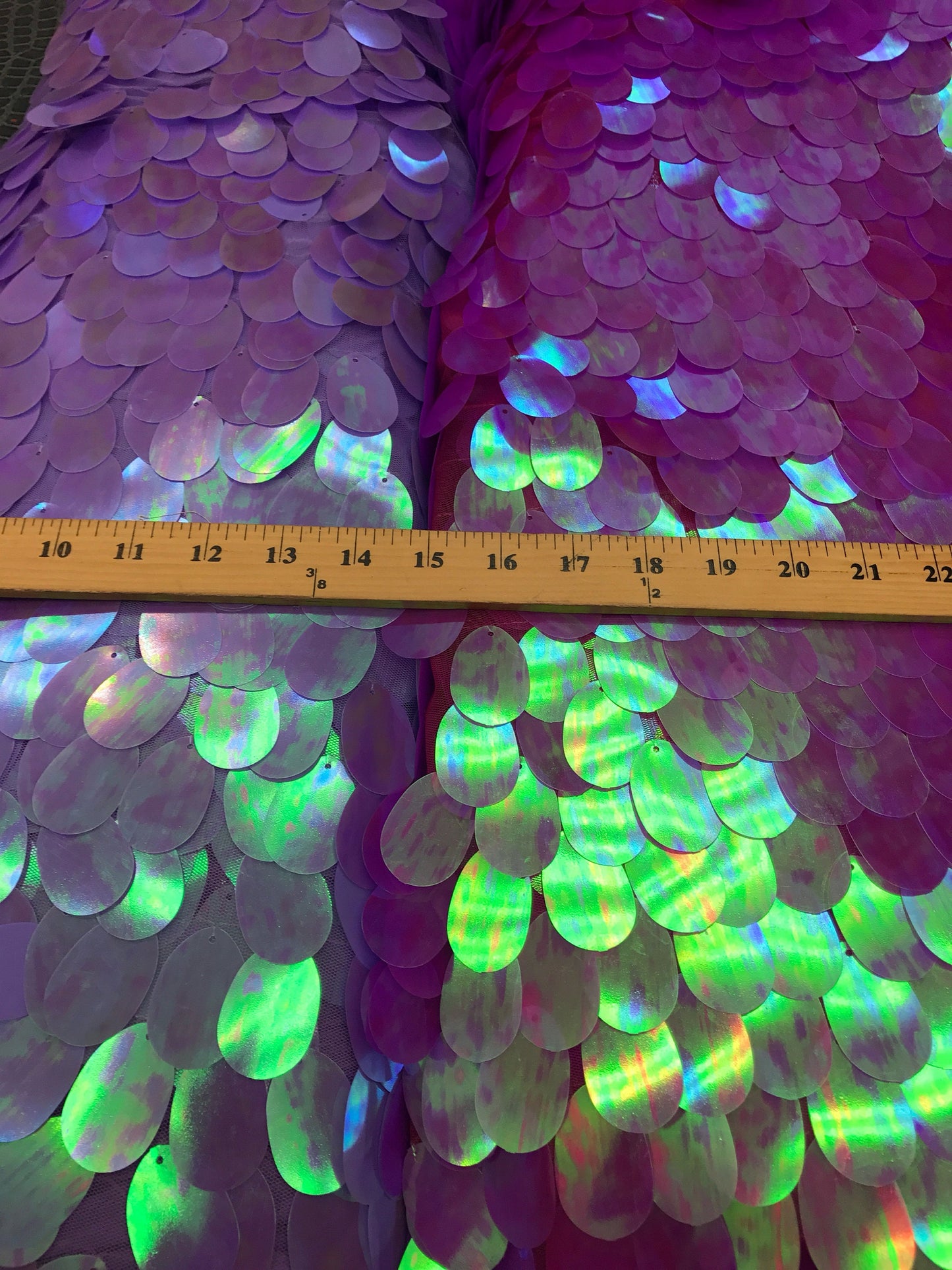 Teardrops sequins jumbo size iridescent Sequins on stretch mesh 2way stretch 58/60" Sold by the YD. Ships worldwide from Los Angeles CA USA