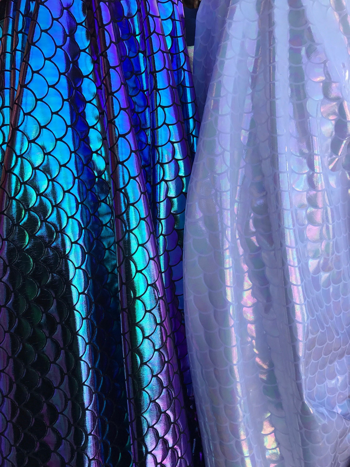 New iridescent mermaid fish Scales nylon spandex 4way Stretch 58/60" Sold by the YD. Ships worldwide from Los Angeles California USA.