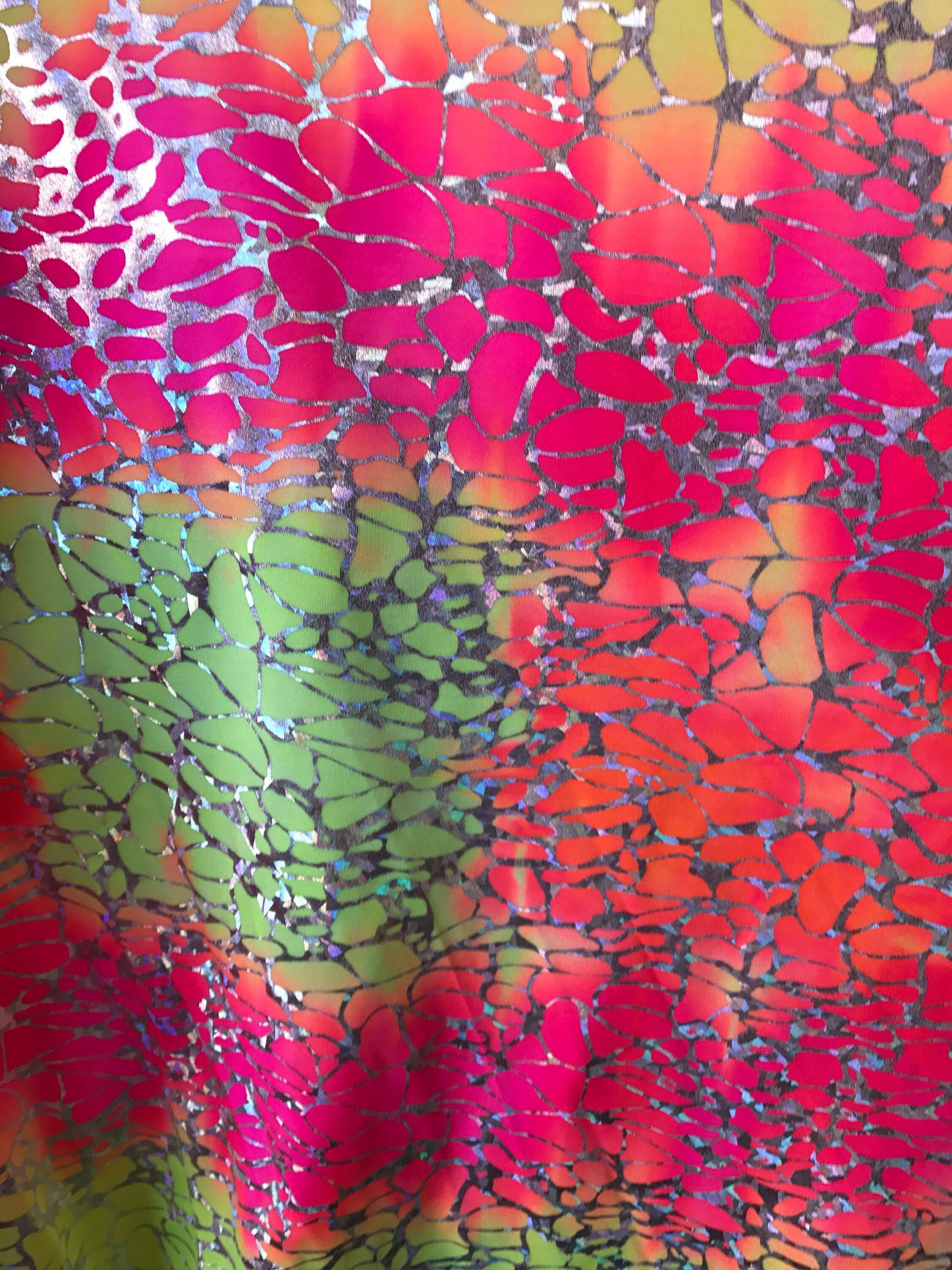 Tie dye Hologram metallic foil on nylon spandex 4way stretch 58/60" Sold by the YD. Ships worldwide from Los Angeles California USA