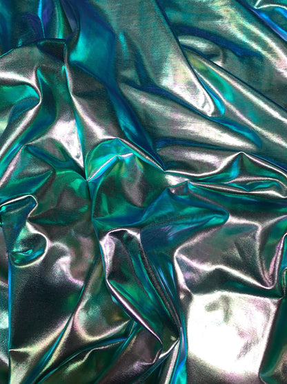 All over foil iridescent green foil on nylon spandex 4way stretch 58/60" 80%nylon; 20 span Sold by the YD. Ships worldwide from Los Ángeles.