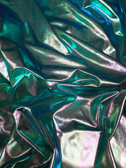 All over foil iridescent green foil on nylon spandex 4way stretch 58/60" 80%nylon; 20 span Sold by the YD. Ships worldwide from Los Ángeles.