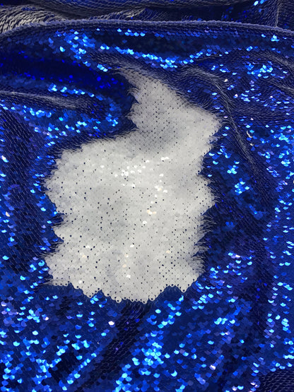 NEW flip up sequins royal/white on spandex base 2way stretch 58/60" Sold by the YD. Ships worldwide from Los Angeles California USA